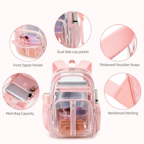 Image of Pink Big Clear Backpack Heavy Duty For Lady,18in XL TPU Bookbag 15Age+ Girl | See Through Stitch durable plastic Multi-Pocket Design For School Adults work Warehouses Airport security,check events
