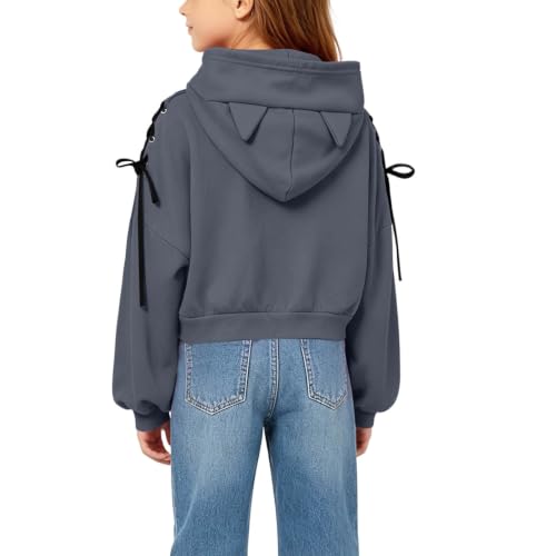 Girls Hoodies Size 10-12 Cute Cat Ear Hoodie Kids Sweatshirt with Lace Up | Girls Cat Ear Hoodie with Lace Up Sides, Puff Sleeves, Cropped, Soft, and Comfortable Wear for Kids and Teens Daily. - image 3