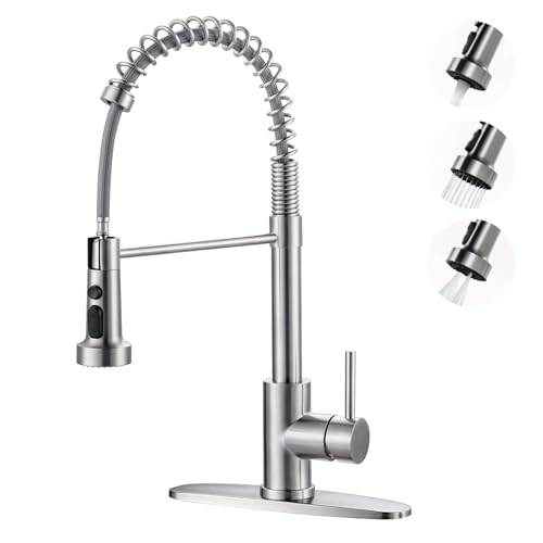 Kitchen Faucets with Pull Down Sprayer: Brushed Nickel 3-Function Kitchen Sink Faucets for 1 or 3 Hole - Stainless Steel Single Handle Spring Kitchen Faucets with Deck Plate for Farmhouse RV Laundry