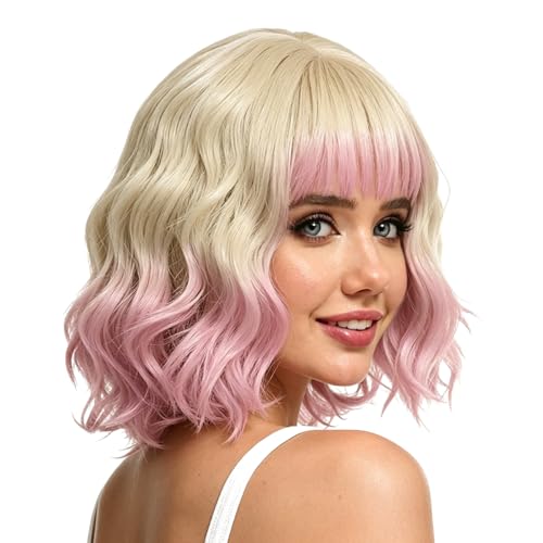 Image of Rose bud Wavy Bob Wig with Bangs Synthetic Natural Wig Short Curly Wigs for Women Blonde to Pink
