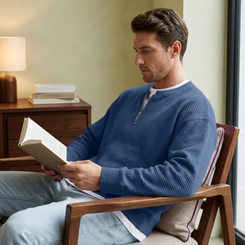 Waffle Quarter Zip Pullover Men Quarter Zip Faux Layered Waffle Knit Tops - image 3
