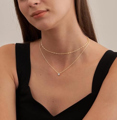 Tewiky Dainty Layered 14K Gold Plated Necklaces Simple CZ Solitaire Pendant Necklace Cute Cubic Zirconia Chain Choker for Women Trendys Gold Jewelry Gift4