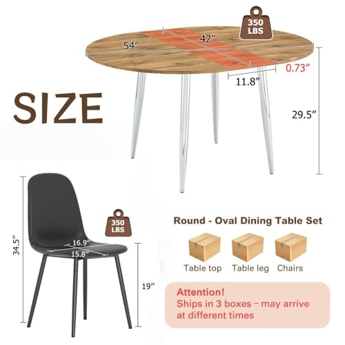 Image of FURNITO Modern Dining Table Set for 4, 42 inch-54 inch Extendable Round to Oval Dining Table, Kitchen & Dining Room Set with Wood Grain Top and 4 Fabric Upholstered Chairs, Space-Saving, Easy Assembly