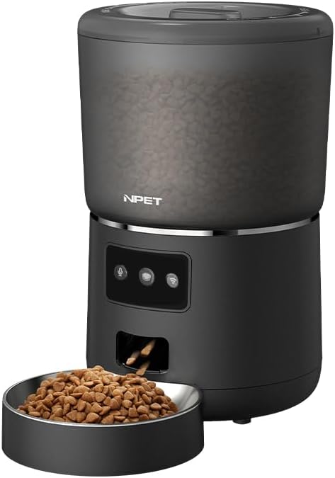 NPET Smart WiFi Cat Feeder with App Control, 4L Auto Pet Food Dispenser – 1-9 Meal Portions, 10s Voice Recorder, Anti-Clog Design & Desiccant Pack for Cats/Dogs (Black)