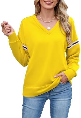 Quatrefox Women V Neck Sweatshirts Pullover Tops Striped Long Sleeve Shirts Loos