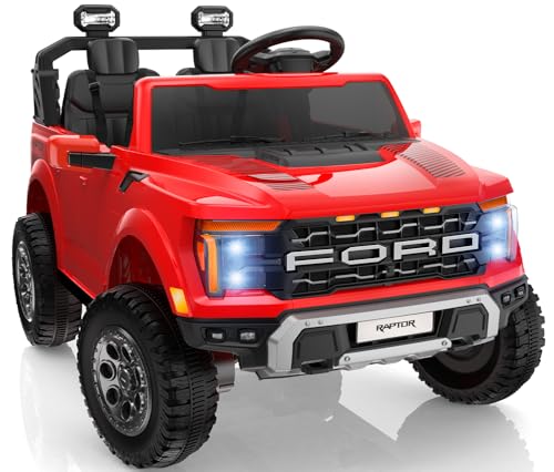 First Ride On 24V 2 Seater Ride on Toys for Kids, Licensed Ford F-150 Raptor Kids Electric Vehicles w/Remote Control, Power Pedal and Durable Wheels, LED Lights, Bluetooth, Truck Bed Storage (Red)