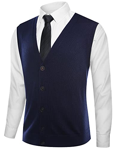 Kallspin Men's Sweater Vest Cashmere Wool Blended V Neck Sleeveless Button Cardigan Sweater(Navy Blue,Large) #TOP2