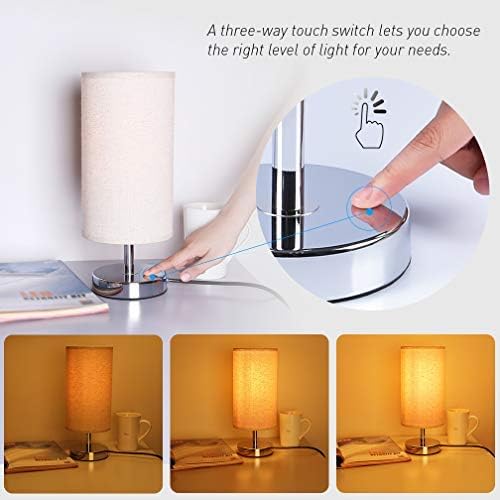 Touch Control Nightstand Lamp, Ambimall Bedside Table & Modern Accent Desk Lamp with Cylinder Shaped Natural Fabric Shade, Minimalist Table Lamps Perfect for Bedroom/Living Room(No Bulb Included)