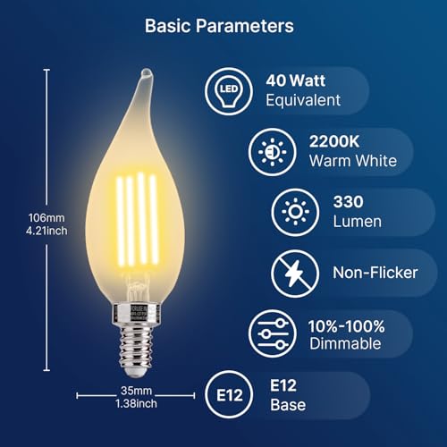 Image of FLSNT CA11 /E12 LED Chandelier Light Bulbs 40W Equivalent, Dimmable Candelabra Bulbs, 2200K Warm White, Amber Glass, 330 Lumens, 12-Pack, UL & CA65 Listed