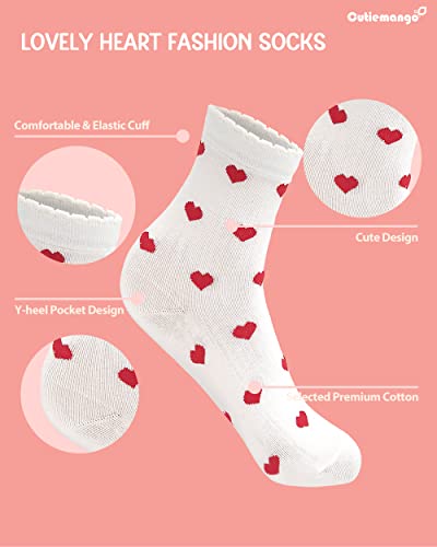 Cutie Mango 5 Pairs Women's Heart Pattern Print Cotton Daily Casual Crew Socks Novelty Premium Fashion Soft Lovely Cute Crazy Fun Size 6,7,8,9,10 For Women - White #TOP3