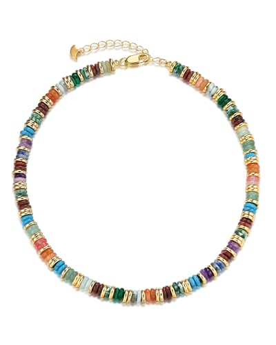 18K gold plated Colored Natural Gemstone Quartz Crystal Bead Stone Healing FULLY ADJUSTABLE Statement Necklace Choker for Women by SNGIA, Colorful Rainbow Beaded Strand Tennis Trendy Bohemian Preppy Retro Handmade Jewelry Gifts, Multicolor Vintage Unique Cute Baroque Summer Beach Fashion Nickle Free Accessories