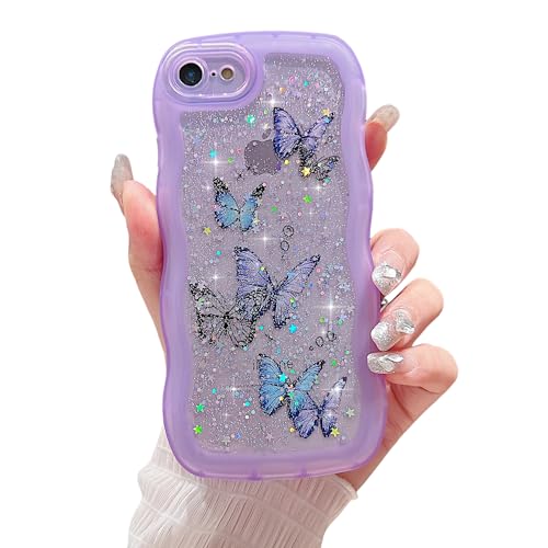 ZTUOK Compatible with iPhone 6/6S Case for Girls Women,Cute Clear Sparkly Bling Star Butterfly Pattern Curly Simple Wave Case Shockproof Protective Slim Soft TPU Glitter Cover for iPhone 6/6s-Purple