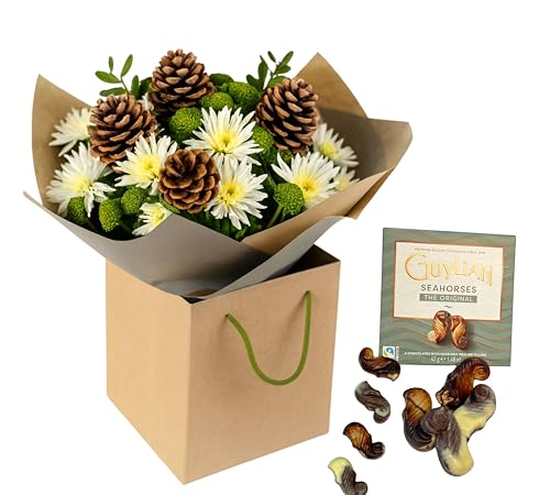 Daily Flowers Snowy Pines Winter Bouquet with White Chrysanthemums, Pine Cones, Fresh Cut Greenery in Gift Box, Christmas Holiday Floral Arrangement, 50 x 20 cm (Gift Chocolate)