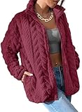Dokotoo Ladies Winter Jackets Zip Up Sherpa Oversized Long Sleeves Baggy Fuzzy Fashion Side Oversized Pockets Loose Fit Coats Baggy Warm Fall Shacket,Red Large