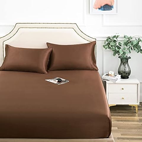 Satin Fitted Sheet, Full Fitted Sheet Only, 1 - Piece Ultra Soft Deep Pocket Single Silk Bottom Bed Sheet Full - Brown Cover