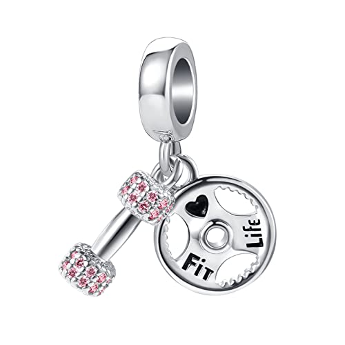 Pink Dumbbell Barllbell Gym Workout Charm for Pandora Bracelets Sports Barbell CZ Bead