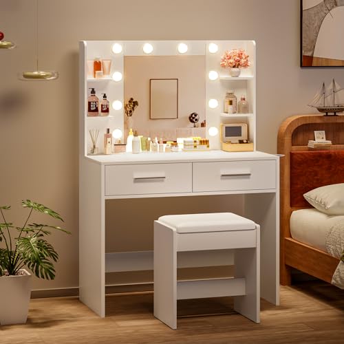 YESHOMY Vanity Desk with Mirror, Makeup Table with 2 Large Drawers, Power Outlet and Round Holder, 3...