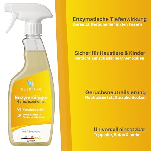KLARBERG 500ml Enzymreiniger Spray - Hundeurin & Katzenurin Geruchsentferner extrem stark Geruchsneutralisierer für Sofa/Teppich etc. - Tiergeruch neutralisieren statt überdecken - Made in Germany
