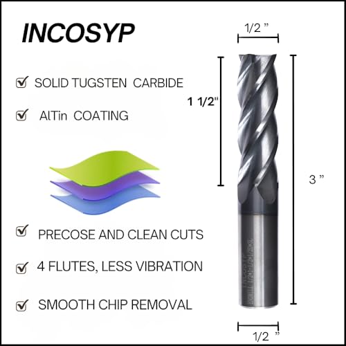Image of End Mills - 1 /2 inch Carbide End Mill - 4 Flutes AlTiN Coated - 1 1 /2 inch Cutting Length - 3 inch Overall Length - Carbide Tungsten CNC Cutting Tool.