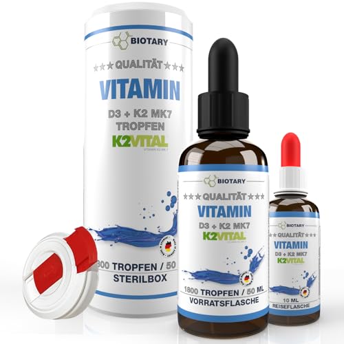 Vitamin D3 + K2 Tropfen 50ml, (K2VITAL®) 99,7+% All-Trans, inclusive Sterilbox, Reisefläschchen, hochdosiert 1.000 I.E. = 25µg D3 + 20µg K2, Laborgeprüft