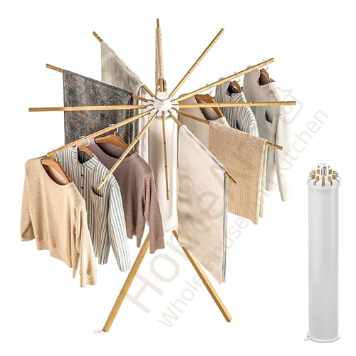 Image of Foldable Tripod Clothes Drying Rack, Floor Standing Laundry Dryer with 16 Solid Beech Wood Poles | Multi-Way Rotatable Cloth Stand, Heavy-Duty, Collapsible & Lightweight, 3.9 ft Drying Length