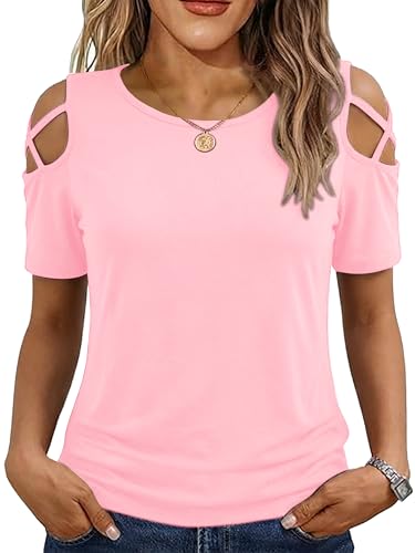 Image of Jar of Love Women's Summer Tops Short Sleeve Cold Shoulder Tops T-Shirts for Women Spring Summer Tops Loose Fit Tunic 2026