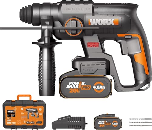 PACK WORX NITRO Perforateur sans fil Brushless 20V WX381, 2J, 3 en 1, Perçage, Percussion, Burinage dans tous les matériaux, antivibrations, livré avec 2 Batteries 4Ah, Chargeur et Accessoires