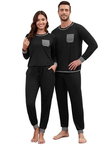 Frcdaunrs His and Her Matching Pajamas Set for Couples Black Top and Pants Pjs for Women 2 Piece Long Sleeve Sleepwear Set