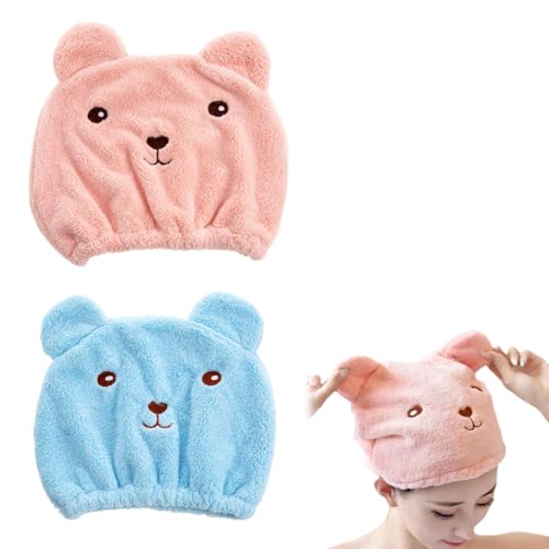 KGDUYC Toallas para secar el Pelo,Gorro de Pelo seco Bear, Toalla de Microfibra Absorbente de Agua de Secado rápido, Gorro de Ducha y Turbante (2 Piezas)
