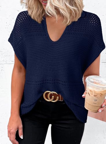 Image of Dokotoo Womens Tops 2026 Summer Spring Casual V Neck Short Sleeve Sweater Crochet Tops Casual Dressy Blouses
