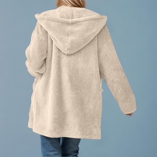 KOG Fleecejacke für Damen Wintermantel Warme Teddyjacke Wollmantel Einfarbig Streetwear Frauen Kapuzenpullover übergangsjacke Strickjacke Frau Daunenmantel Sportjacke Dufflecoat Beige XL