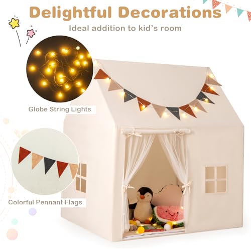 GYMAX Large Kids Tent with Padded Mat, Globe String Lights, Flags and Windows, 122 x 107 x 139 cm - Image 3
