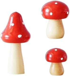 Honkenda Miniature Figurines Mushroom Statue Decor, 3 Pack Mini Wooden Mushrooms for Fairy Garden, Yard, Micro Landscape Lawn Ornament Decor DIY Crafts (Red)