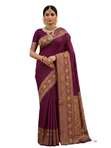 Image of Kanjivaram Silk Saree for Women - Handloom Floral Weaving, Contrast Border, Heavy Gold Zari Rich Pallu, Traditional Designer Wedding & Festive Saree with Blouse Piece