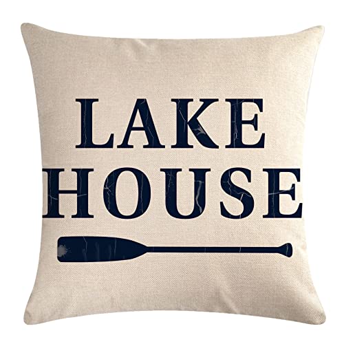 7Colorroom Set Of 4 Lake House Decor Pillow Covers On Lake Time With Anchor Lake Cushion Cover Lake House Gifts Farmhouse Decorative Square Pillowcases 18”X18” For Sofa Couch Patio #TOP1