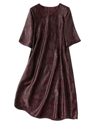 HangErFeng Womens Heavyweight Silk Dress Gambiered Rose Jacquard V Neck Half Sleeve Relaxed A Line 5047 L