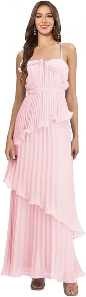 Pink Chiffon Ruffles Wedding Guest Bridesmaid Dress for Women Tiered A Line Plus Size Formal Prom Gown Spaghetti Straps Square Neck Wedding Guest Dresses for Women US Size 18W