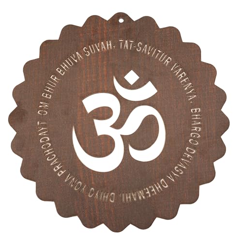 Tarini Gallery Om - Escultura de madera hecha a mano para colgar en la pared, pieza decorativa para el hogar, oficina, templo, yoga, meditación y regalo (marrón oscuro)