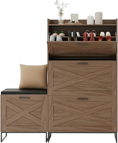 MERXENG Shoe Storage Cabinet with 4 Flip Drawers, Farmhouse Wooden