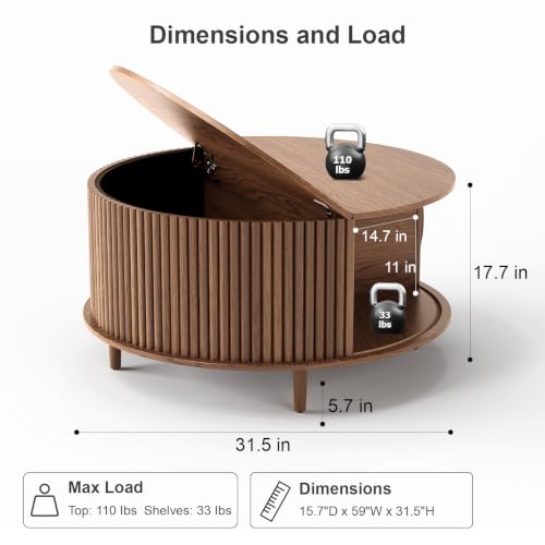 Image of JOINICE 31.5 inch Round Coffee Table with Storage for Living Room, Walnut | Hidden Storage,Fluted Sliding Door,Mid Century Furniture for Small Apartments,Solid Wood Legs,Easy Assembly,Up to 110 lbs