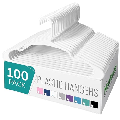 NEATERIZE Clothes Hangers Plastic 100 Pack for Adults - Plastic Hangers, The Perfect Coat Hanger and Space Saving Clothes Hangers for Closet - White Hangers