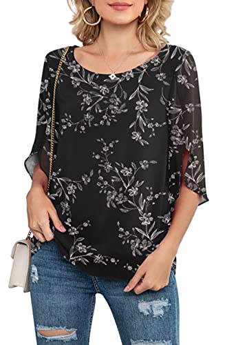 Neineiwu Women's Printed 3/4 Ruffle Sleeve Chiffon Blouse Top (Black Leaves-Black L) #TOP1