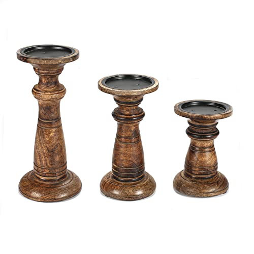 Hand Crafted Wooden Pillar Candle Holders Set Of 3, Ideal For Led And Pillar Candles, Gifts For Wedding, Party, Home, Spa, Reiki, Aromatherapy, Votive Candle Gardens - 10, 8, 6 Inch - Burnt #TOP6