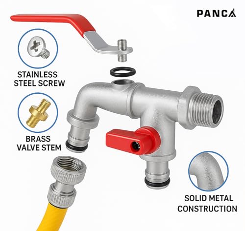Image of PANCA 1 /2 Inch Dual Outlet Garden Faucet Splitter | Heavy Duty Double Valve Water Tap with Individual Flow Control | Zinc Alloy Bib Cock Connector for Garden, Kitchen & Bathroom (Red) (Red)
