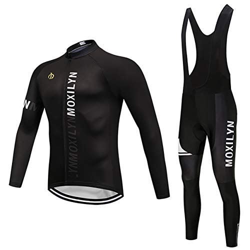 Moxilyn Traje Jerseys de Ciclismo para Hombre,Conjunto Ropa de Ciclo Manga Larga,Pantalones Acolchados Top + 9D de Manga Larga Pantalones,A Prueba de Viento, Transpirable y Que Absorbe El Sudor