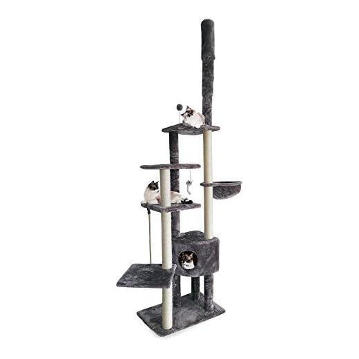 Furhaven 100"-113" Tall Cat Tree for Indoor Cats w/ Adjustable Height, Ft. Sisal Scratching Posts, Condo, & Toys - Tiger Tough Skyscraper Interactive Playground Tower - Gray, One Size