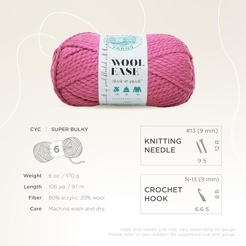 Image of Lion Brand Yarn Wool-Ease Thick & Quick Yarn, Soft and Bulky Yarn for Knitting, Crocheting, and Crafting, 3 Pack, Raspberry | Super Bulky Wool Acrylic Blend Fiber for Soft Hats, Sweaters, Chunky Blankets, Yarn for Crochet, Knitting, Crafts, Weaving