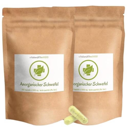 PREISKNALLER: Anorganischer Schwefel Kapseln - 600 Stück (2 x 300 Stk. à 1000mg) - Pharmaqualität (99 9% Ph. Eur.) - Sulfurkapseln - frei von Nanopartikeln - säurearm - Deutsche Herstellung