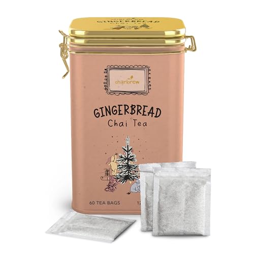 Charbrew Christmas Winnie Gingerbread Chai Tea – 60 Teabags in Reusable Clip-Top Metal Tin | Festive Spiced Black Tea | Perfect Holiday Tea Gift