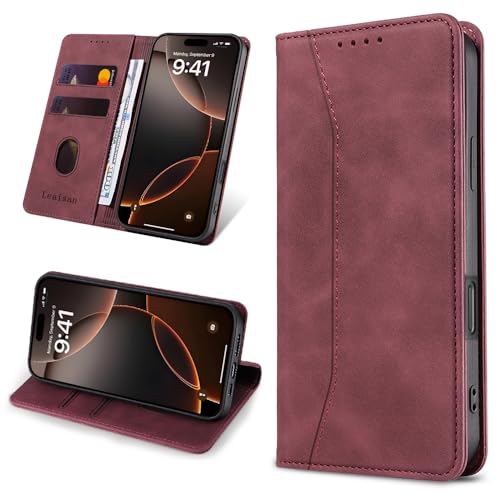 Leaisan Handyhülle für iPhone 16 Pro Hülle Premium Leder Flip Klappbare Stoßfeste Magnetische [Standfunktion] [Kartenfächern] Schutzhülle für iPhone 16 Pro Tasche - Wein Rot